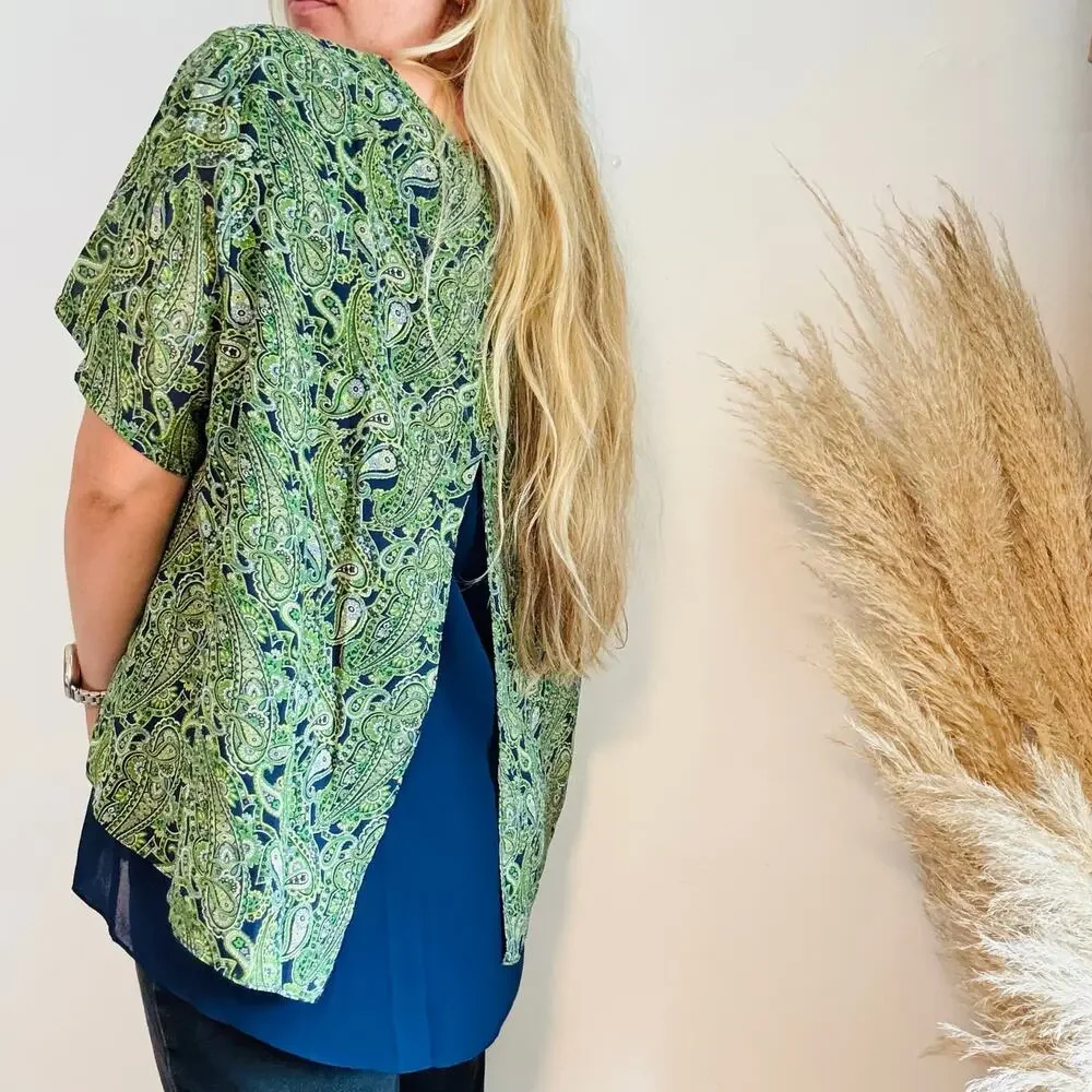 MICHAEL KORS Green White Navy Blue Paisley Print Tunic $120 Blouse Top Shirt 2X